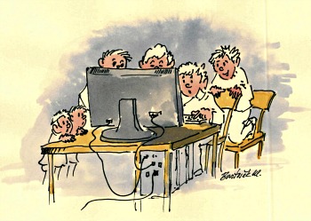 Kresba počítače a lidí.